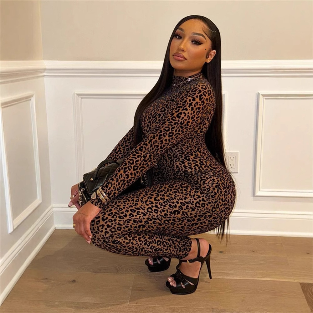 Designer T Shirt Autumn New European And American Fashion Versatile Stretch Slim Sexy Leopard Print Long Sleeve Jumpsuit For Women Essentials Summer D