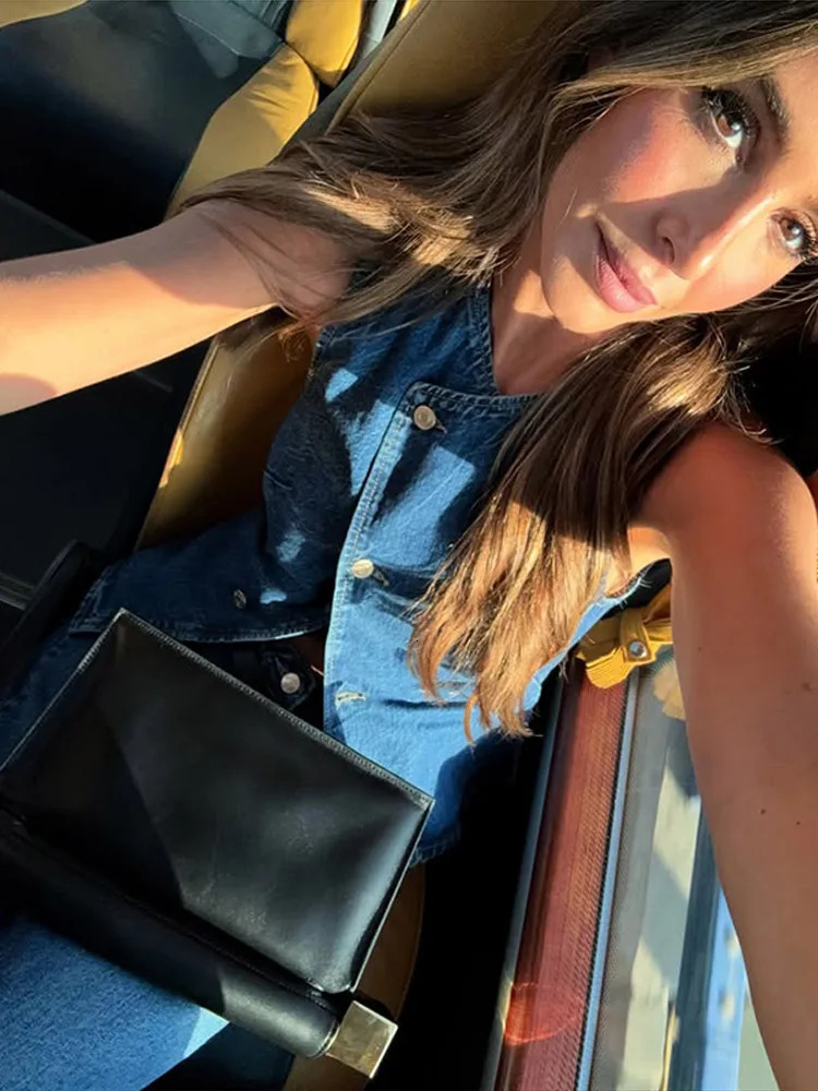 Elegant Womens Suits Denim Sleeveless Irregular Short Vest Wide Legs Long Jeans 2025 Spring Summer Fashion Ladies Pants Sets 250530