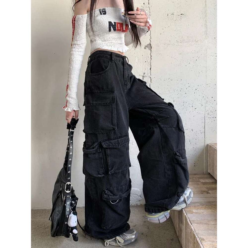 Trashy Y2k 2000S Streetwear Washed Black Baggy Jeans Cargo Pants For Women Clothes Multi Pockets Wide Leg Gothic Lady Trousers
