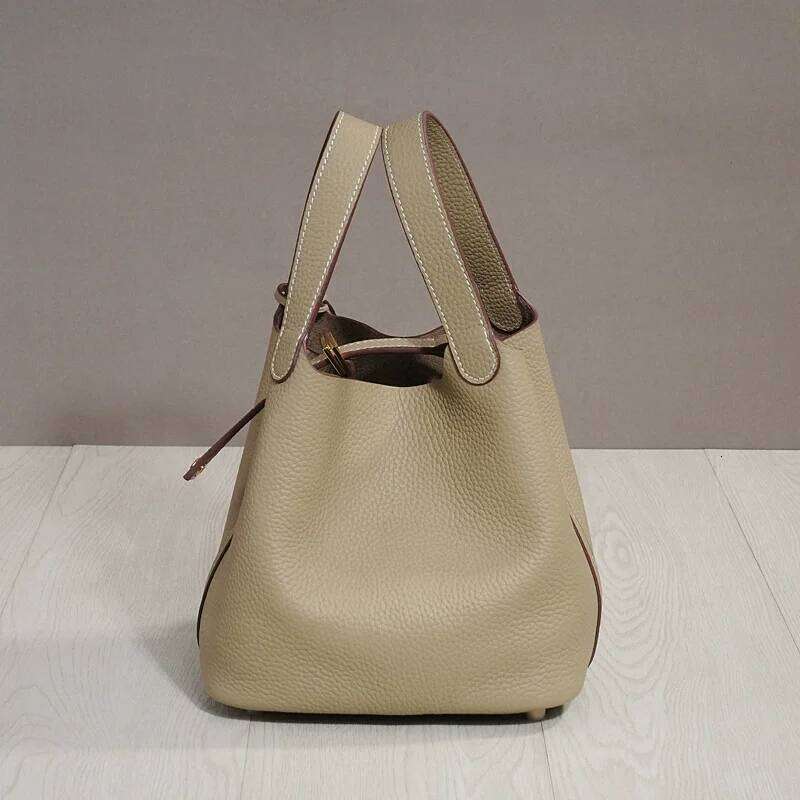 Trendy Genuine Cow Leather Lunch Imported Bucket Bag Food Basket Picnic Handbag Soft Top-handle