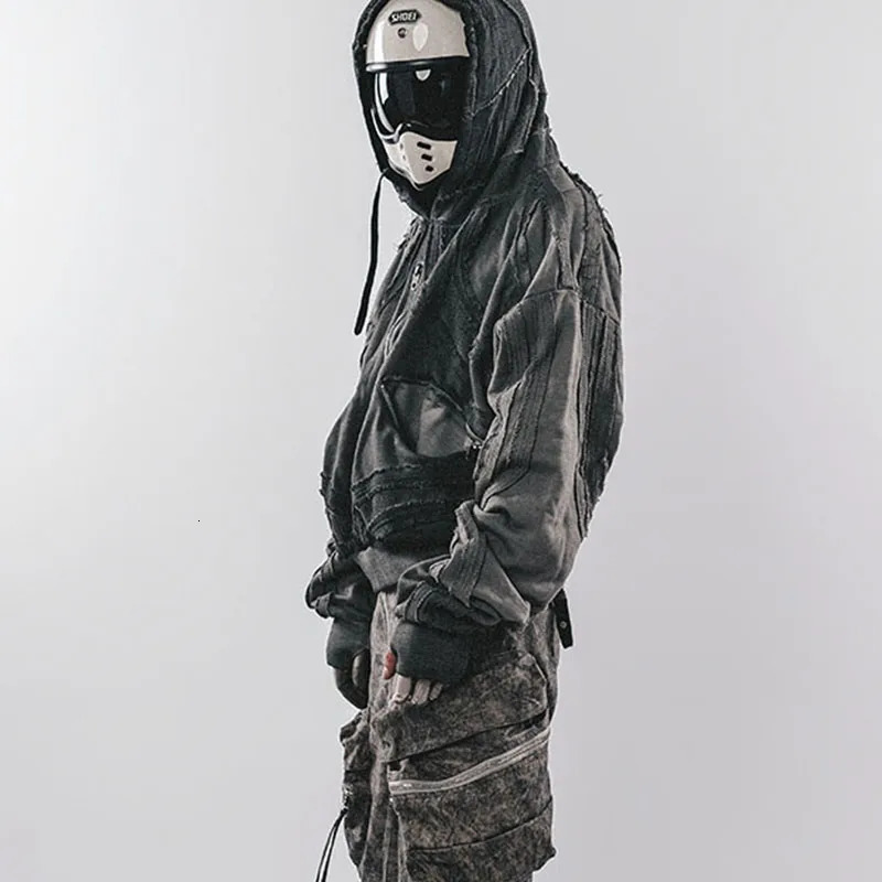 Waste Soil Style Geometric Irregular Splicing Hoodies Jacket Washed Frayed Distressed Rough Edge Hooded Coat Men 250529