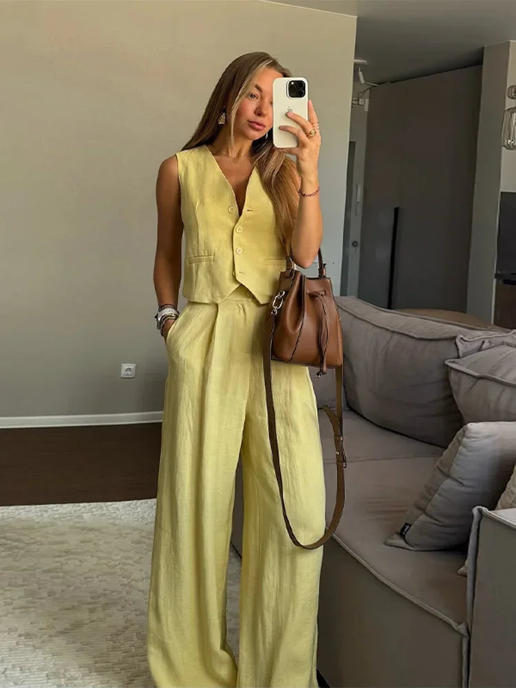 Fashion Womens Vest Trouser Suits Sleeveless Button Wide Leg Pant Lady Set 2025 Spring Summer Casual 2 Pieces Set Women 250530