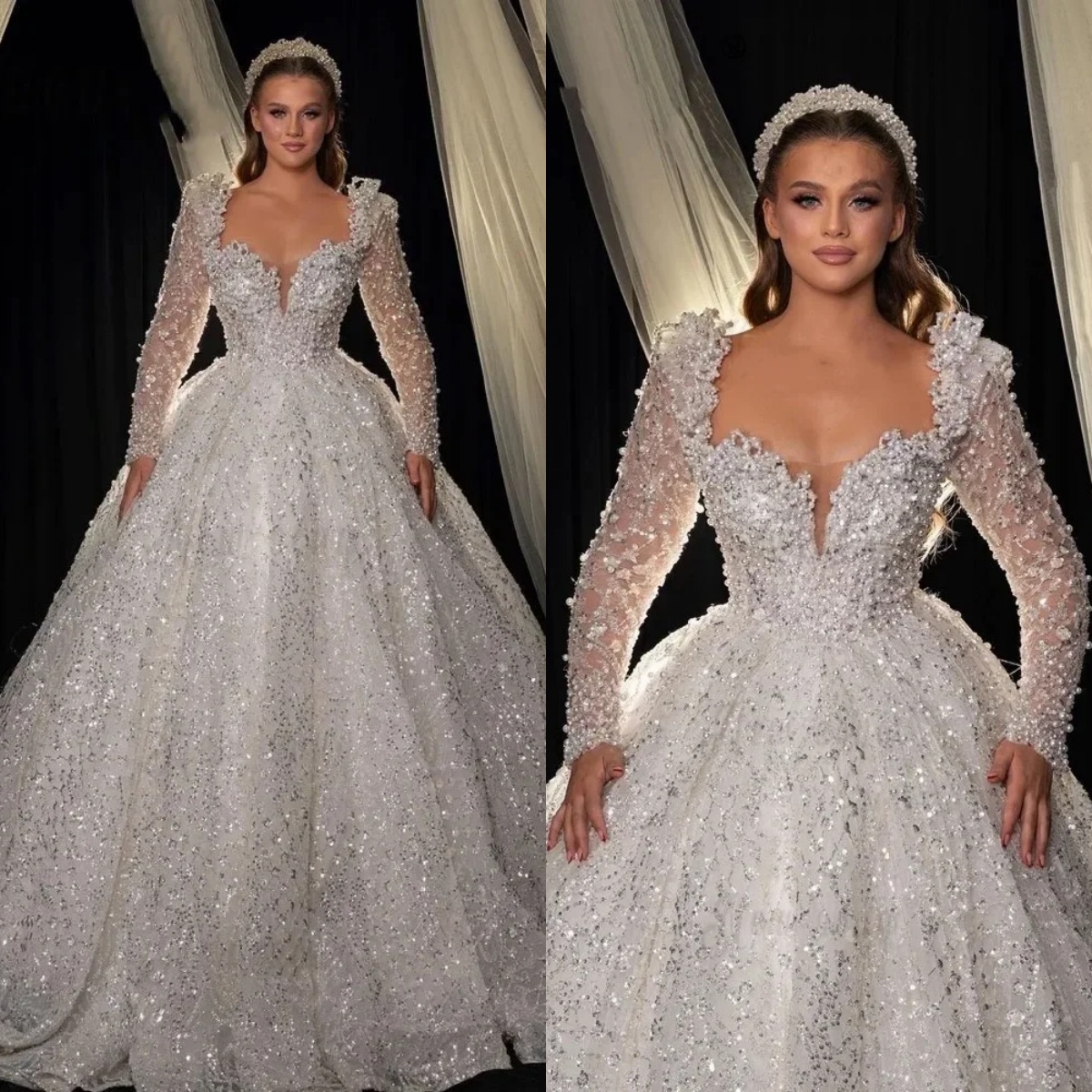 Pretty A Line Wedding Dress For Women Sweetheart Neck Long Sleeves Bridal Gown Pearls Sequins Sweep Train Dresses Custom Made vestidos de novia
