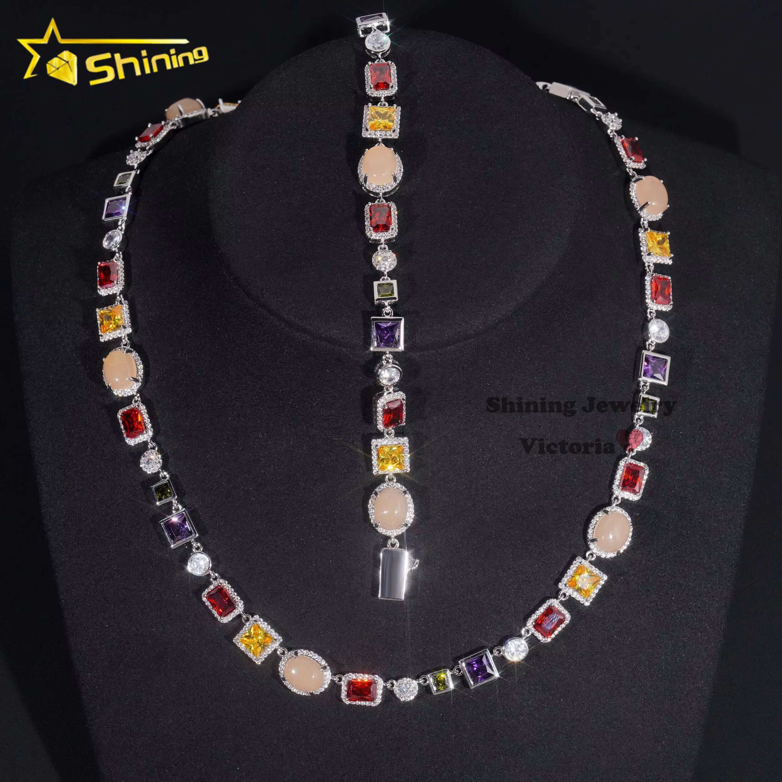 2025 New Design Street Fashion Hip Hop Urban Jewelry Multi Color Gemstone Enamel Tennis Bracelet Iced Out Motif Necklace