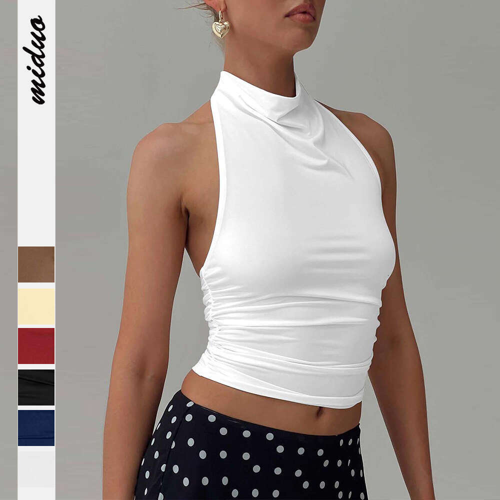 2025 Backless Solid Color Tank Y2K Half High Neck Ruched Halter Women's Sleeveless Top