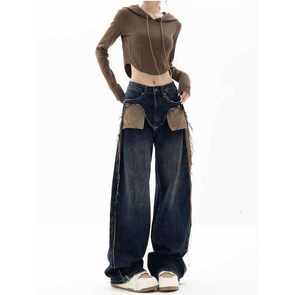 American Streetwear Style High Waist Patchwork Jeans Pants 2023 Fashion Women's Baggy Y2k Wide Leg Denim Trouser Female Clothes