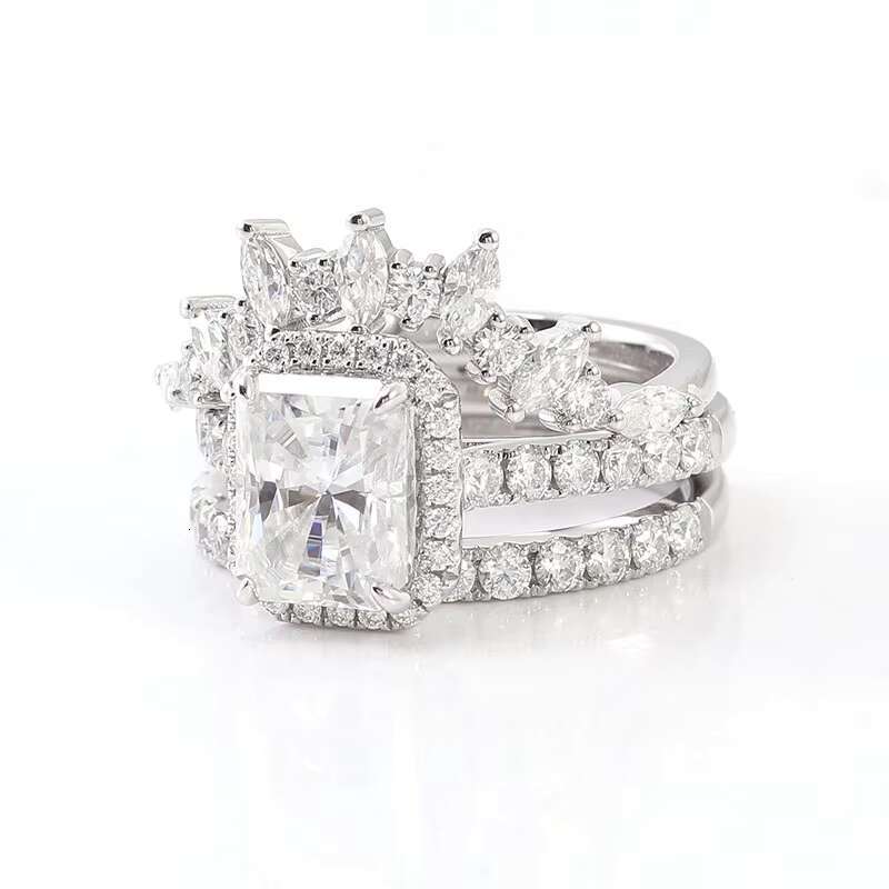 Luxury Custom Crownshaped 14K White Gold 925 Silver Radiant Cut Moissanite Diamond Stackable Ring Fine Jewelry for Ladies Rings