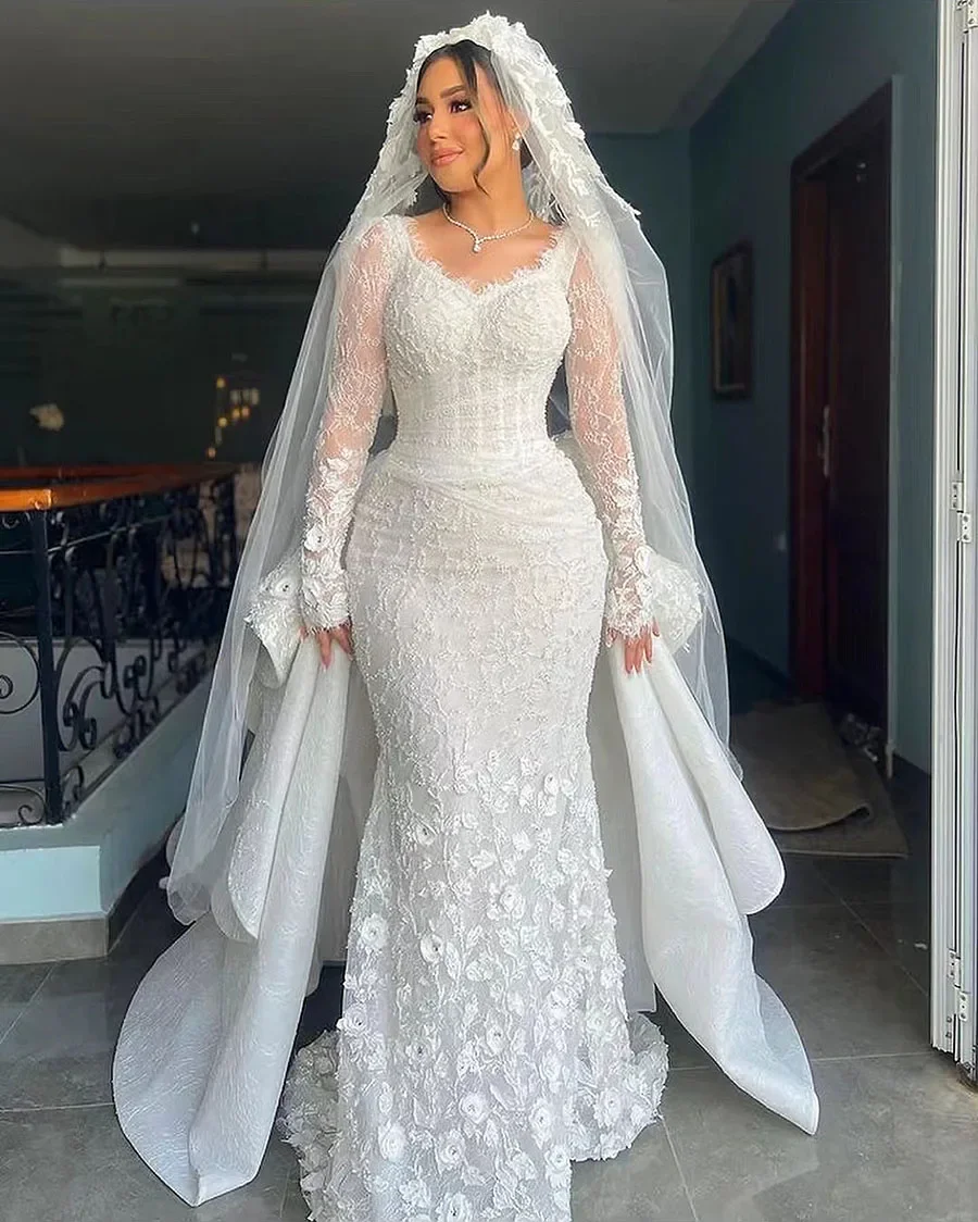 Vintage Mermaid Wedding Dress Jewel Neck Long Sleeves Bridal Gowns Lace Appliques Detachable Train Dresses Custom Made vestidos de novia