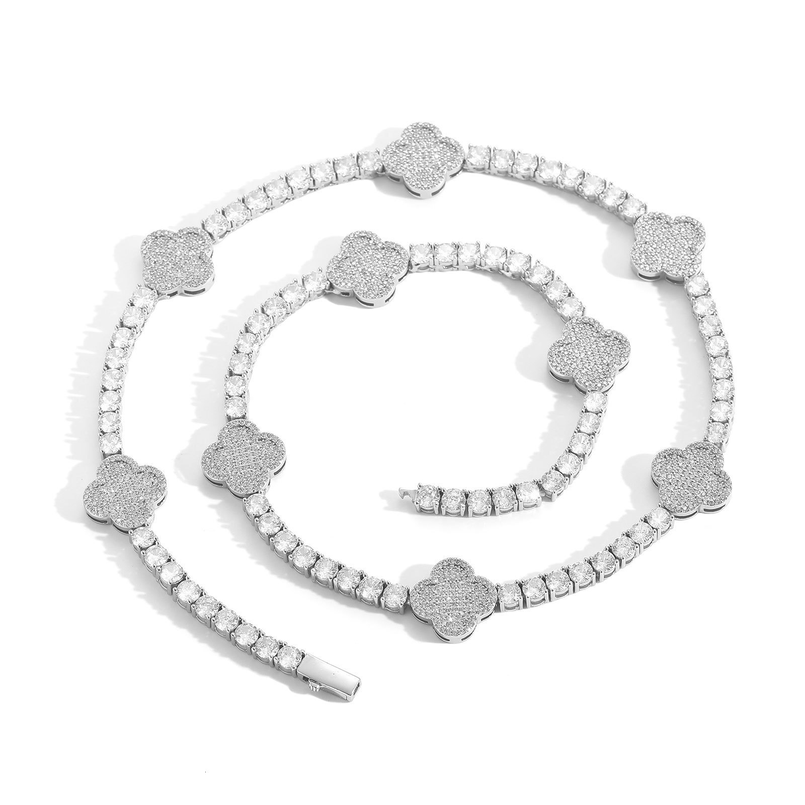 Hip hop spring buckle four leaf clover Moissanite tennis chain mens necklace high-end versatile bracelet accessory moissanite