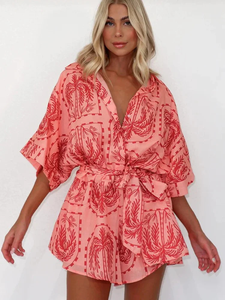 Women Summer Printed Playsuits Fashion Outfits Ladies Single Breasted Half Sleeve Loose Rompers For Women Casual Playsuits 250528