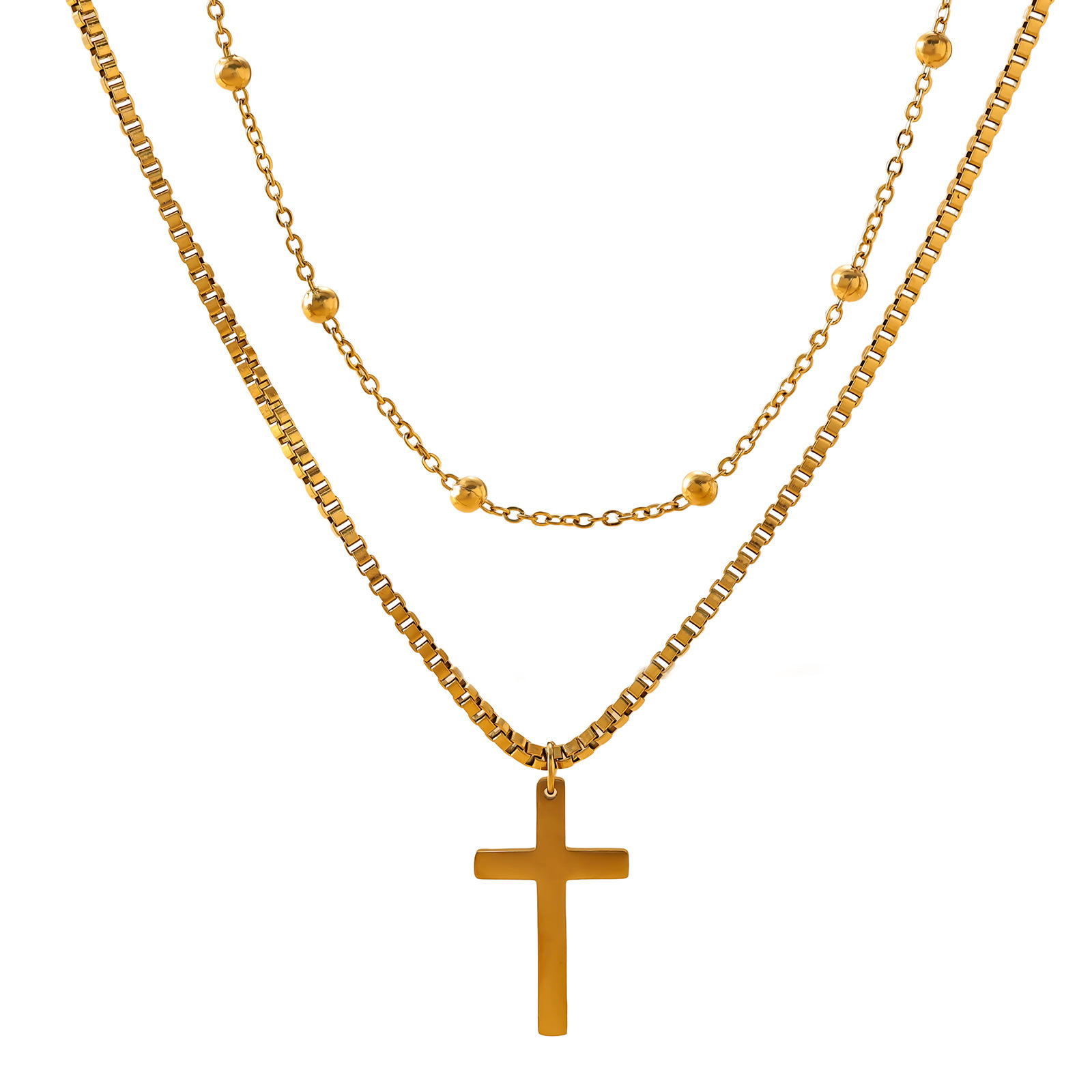 Hot Selling Stainless Double Layer Blade Snake Chain Bead Cross Necklace Fashion Titanium Steel