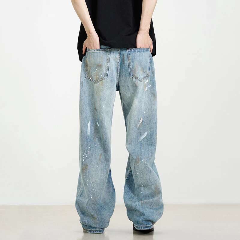 IEFB American Style Men's Denim Pants Splashed Ink Washed Jeans Contrast Color Straight Wide Leg Casual Male Trousers New 9W669
