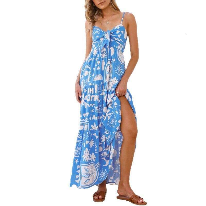 2025 Summer Spaghetti Strap Women's Split Print Sexy Dress Hot Selling Fashion Vacation Style designer bag