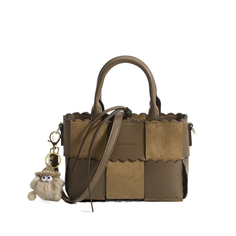 designer Cross-border Brown Color-block Plaid Handbag Crossbody Bag for Women Fashion Versatile with Pendant Color-block Woven Shoulder Bag