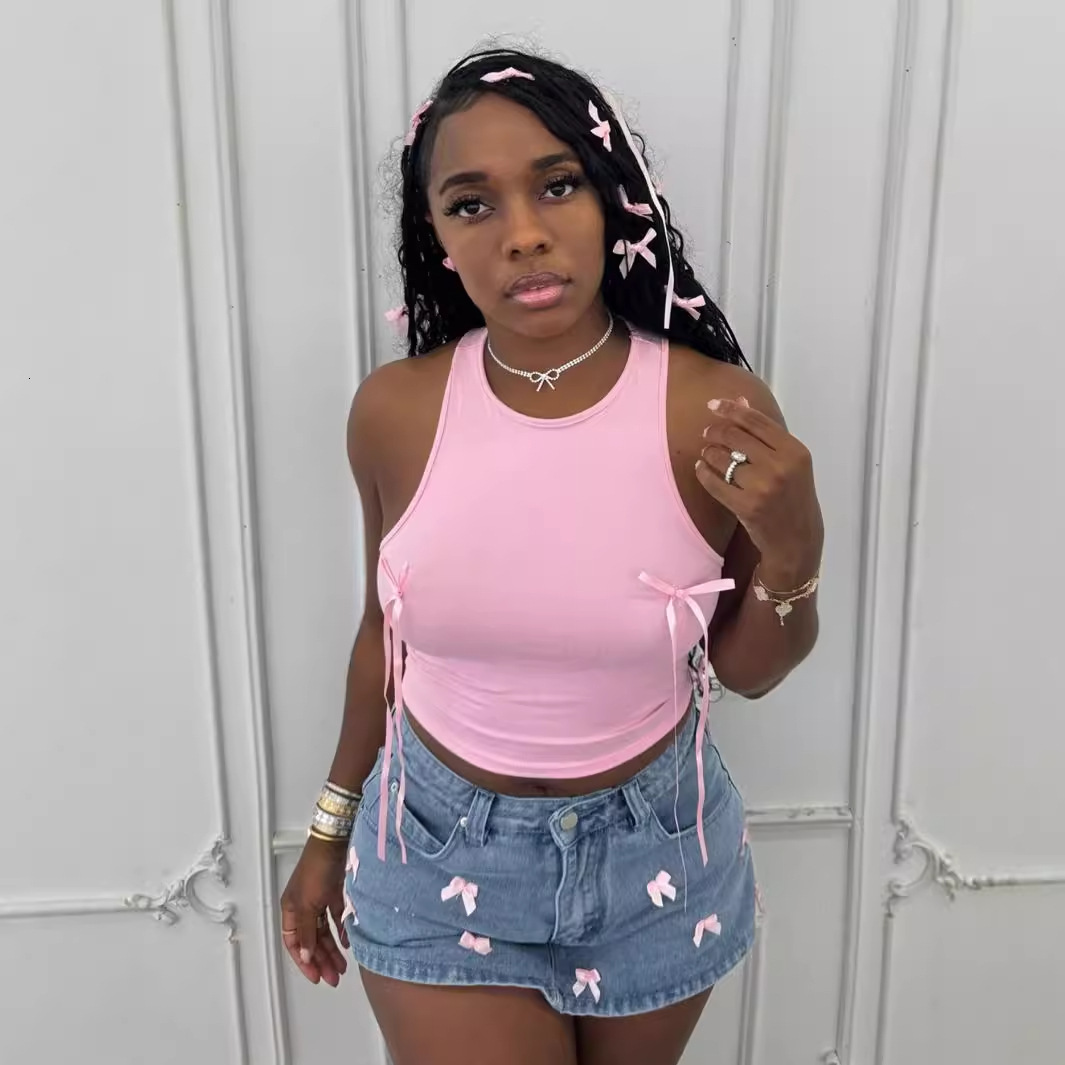 Designer T Shirt Summer New European And American Style Slim Fit Fashion Solid Color Bowknot Girl S Short Crop Top Vest Essentials Summer Dress