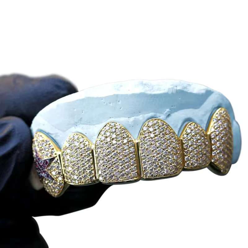 Fully Iced Out Enhanced Vvs Clarity Moissanite Diamond Iced Out Teeth Grillz Hip Hop Jewelry in 925 Sterling Silver Custom Size