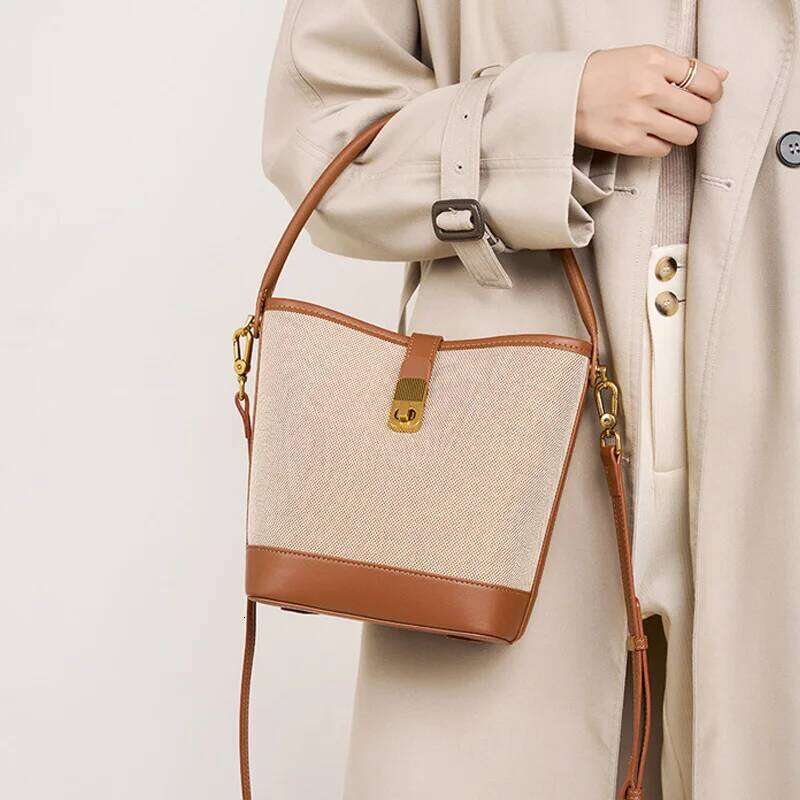 Retro Weaving Female Messenger Bags Color Splicing Women Bucket Shoulder Bag Canvas Combining Man-Made Leather Ladies' Handbags