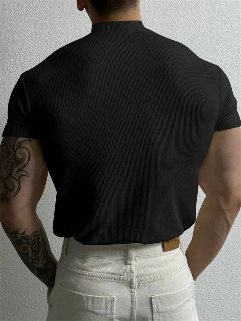 spring summer Elastic Comfortable Mens T-shirt Small high collar stripe shirt short sleeve fitness tops sports casual T-shirt 250530