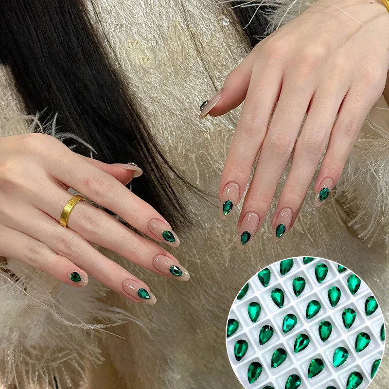 50pcs Green Nail Charms Crystal Diamond Flatback Waterdrop Shaped Rhinestones For 3D Nails Art Decorations Supplies 250528