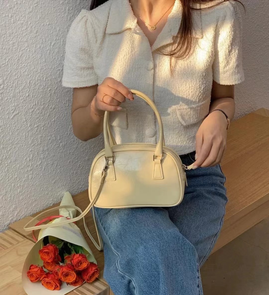 designer 2025 New PU Texture Silver Bag Polyester Small Square Bag Fashion Versatile Handbag Crossbody Bowling Ball Small Bag