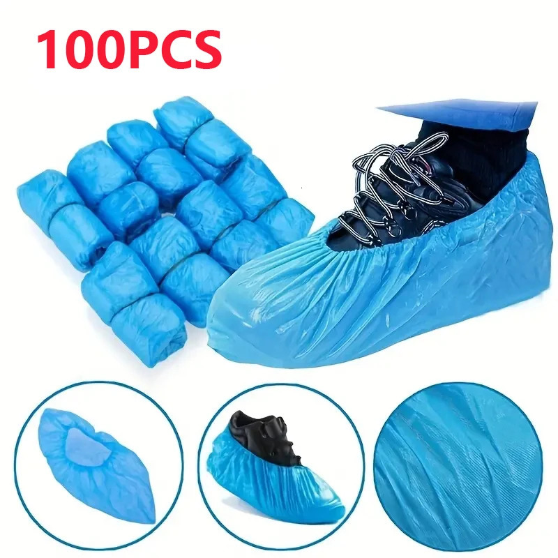 100PCS disposable waterproof shoe cover plastic nonslip foot indoor PE padded 250528