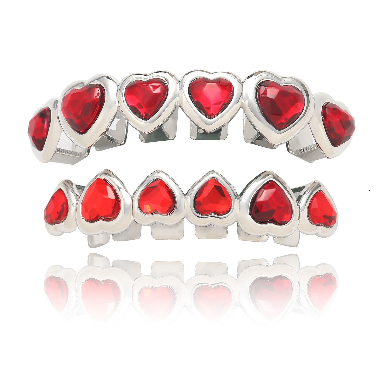 Hip hop 6-piece red heart-shaped micro inlaid Moissanite personalized creative Halloween heart-shaped braces moissanite