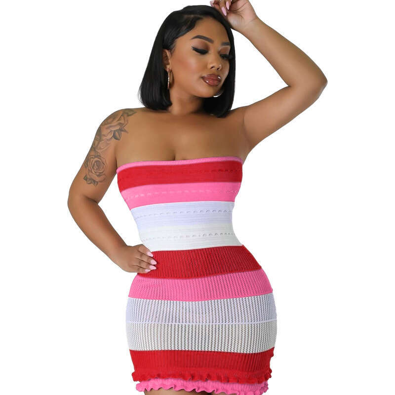 European and American Style Summer Women's Sexy Strapless Backless Color Block Lace Slim Fit Knitted Dress New Casual Fashion Trendy Clothing