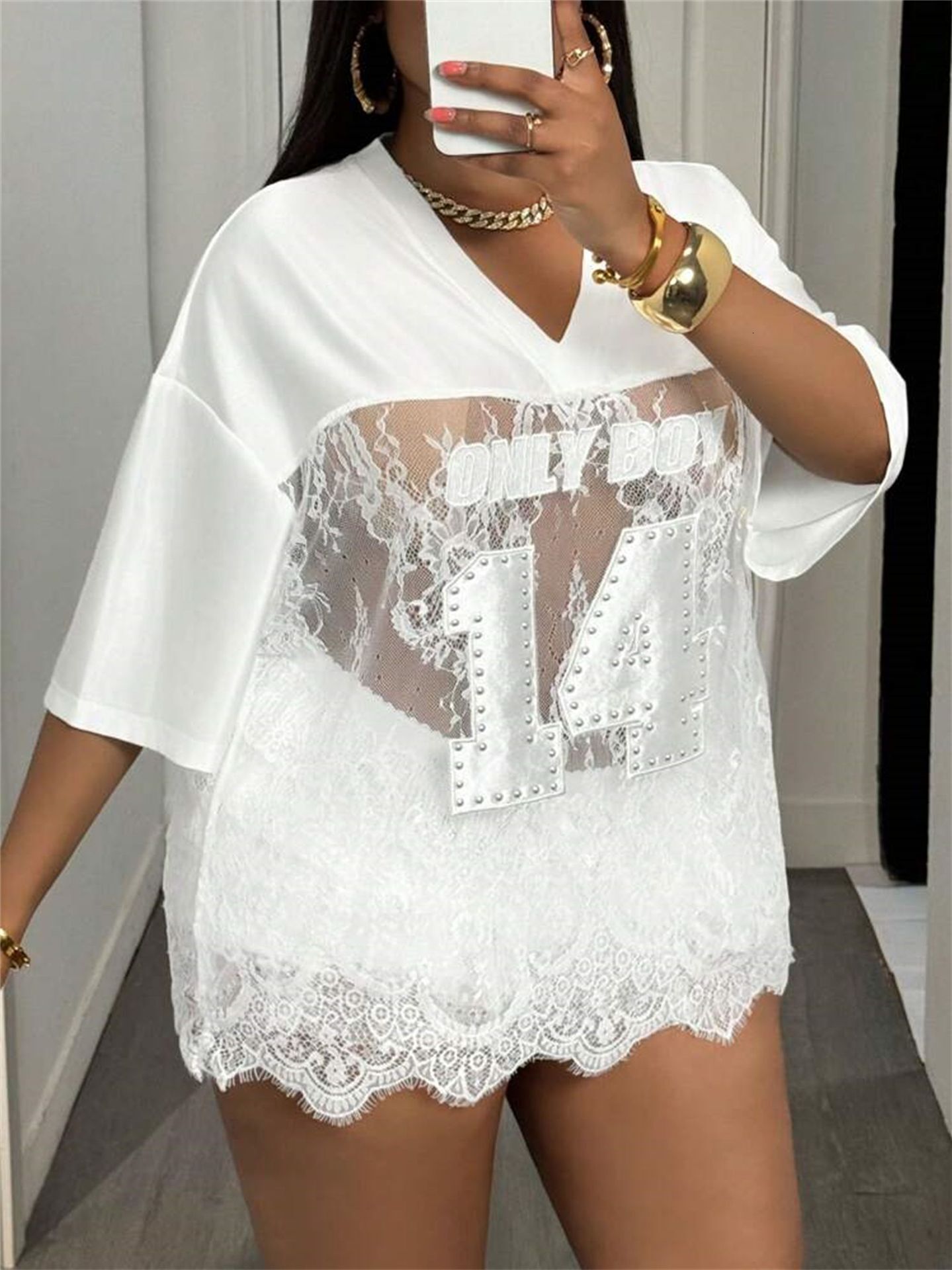 Designer T Shirt Summer New Women S Fashion Foreign Trade Printed Loose Casual Street See Through Sexy Lace Patchwork Top Essentials Summer Dress