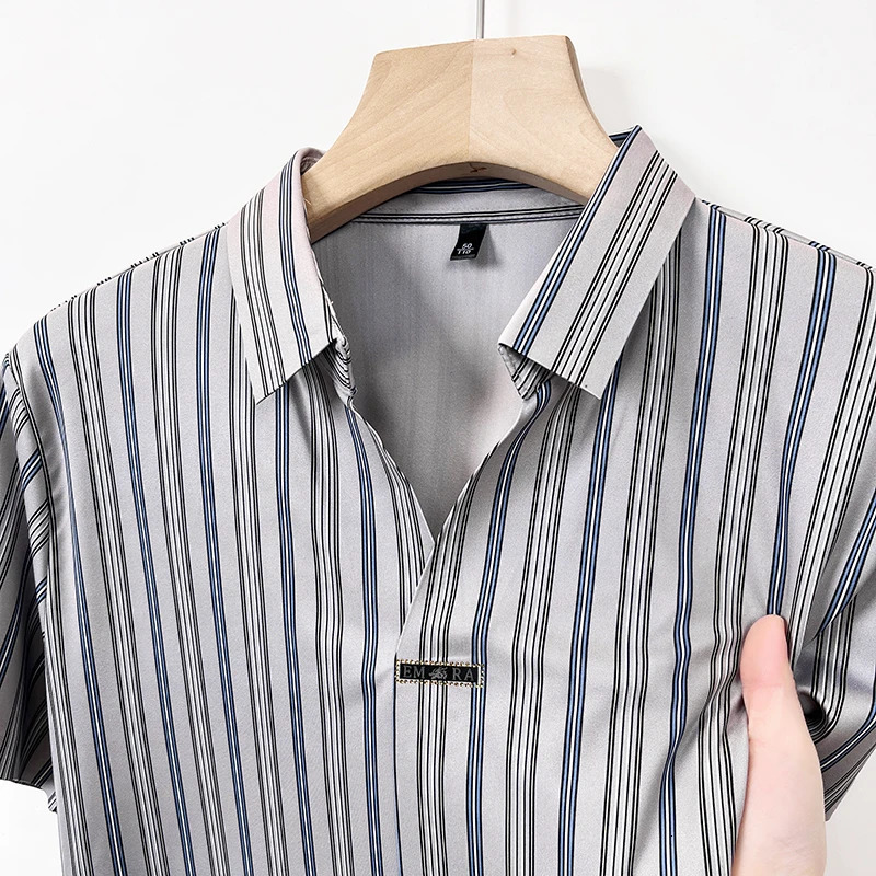 High-end Ice Silk Short-sleeved T-shirt Striped Printr Polo Shirt Business Casual er Scissor Collar Anti-wrinkle Top 250529