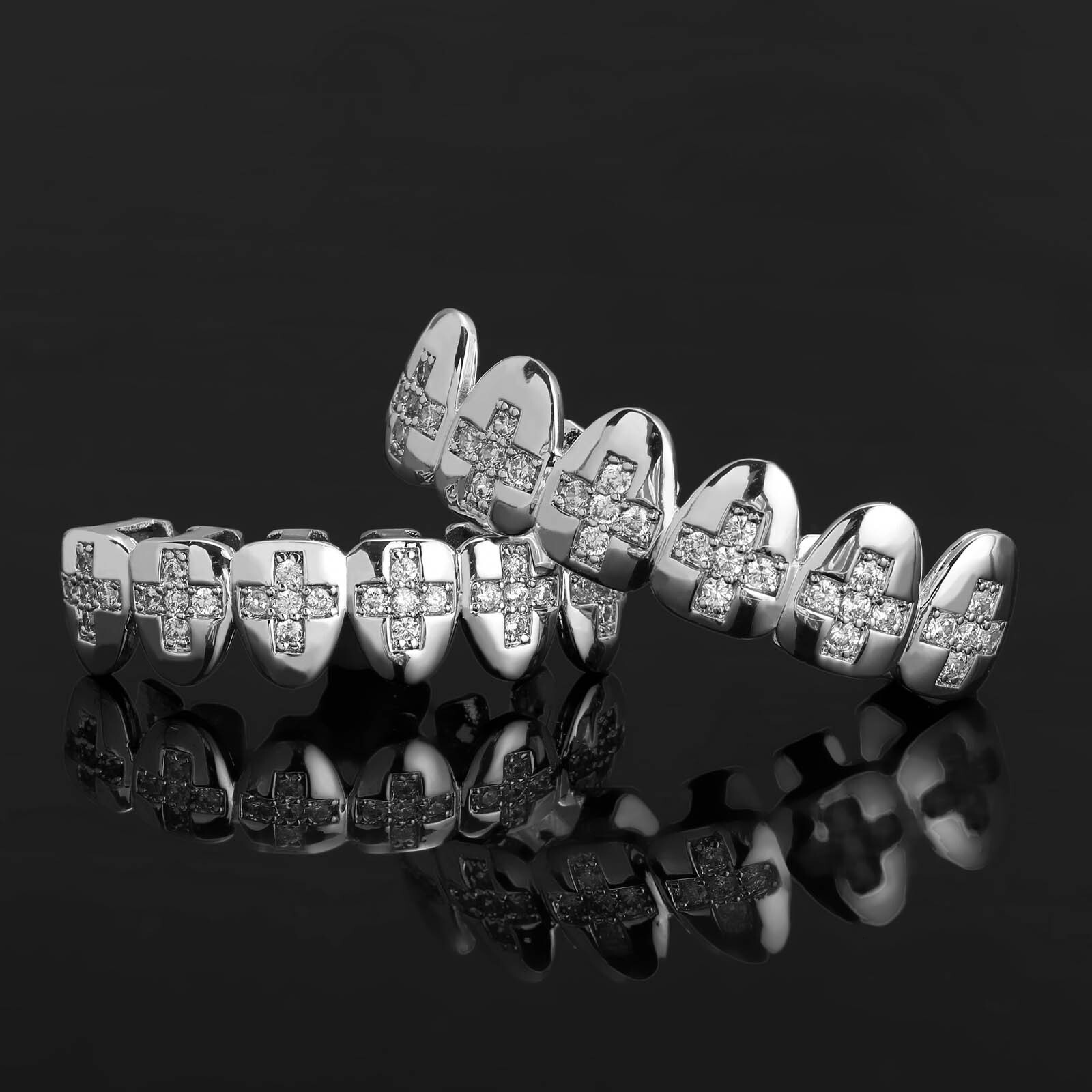 Hip Hop Teeth Set with Cross and Moissanite Teeth Set for Halloween Funny Men Personality Big Gold Teeth Grillz moissanite