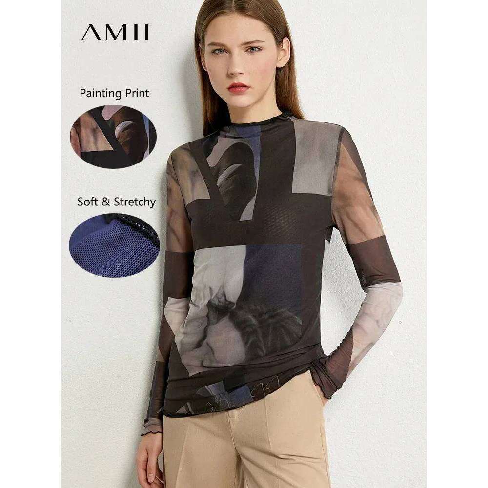 AMII Minimalism Long Sleeve T-Shirts For Women 2025 Spring New Bottoming Shirt Mesh Printing Inside Slim Trendy Tops 12421003