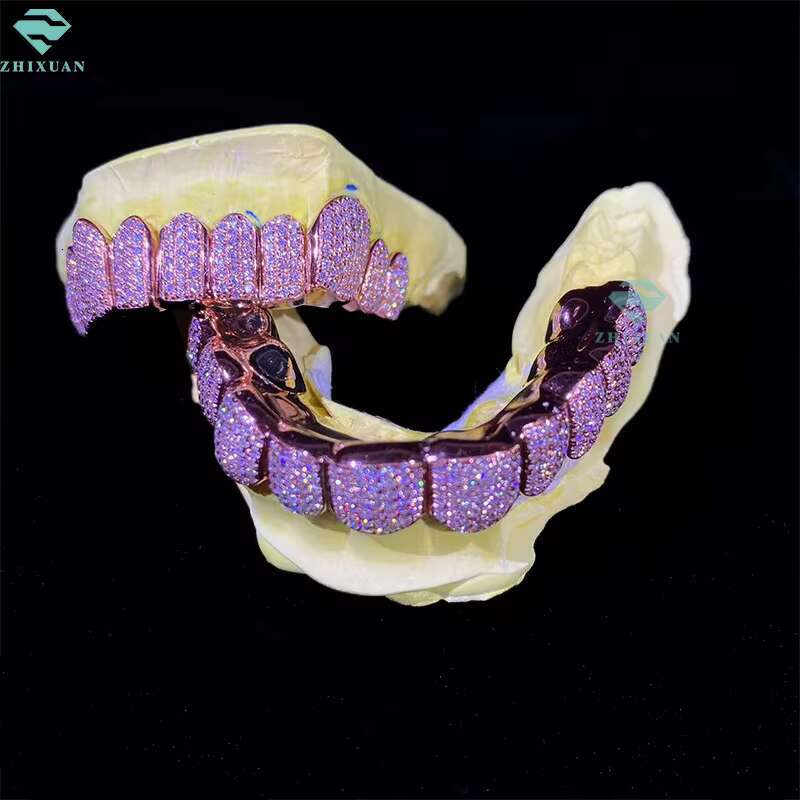 Honeycomb Custom VVS Moissanite Grillz Round Perm Cut 18k Rose Gold Plated VVS Diamond Hip Hop Iced Out Jewelry Grillz