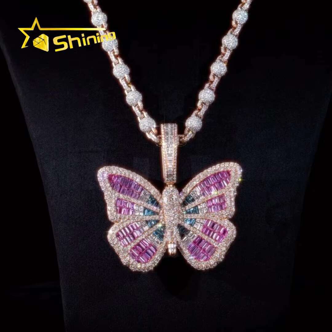 Custom Butterfly S925 Silver Pass Diamond Tester Iced Out Colored Moissanite Lab Grown Diamond Fine Jewelry Charm Pendant
