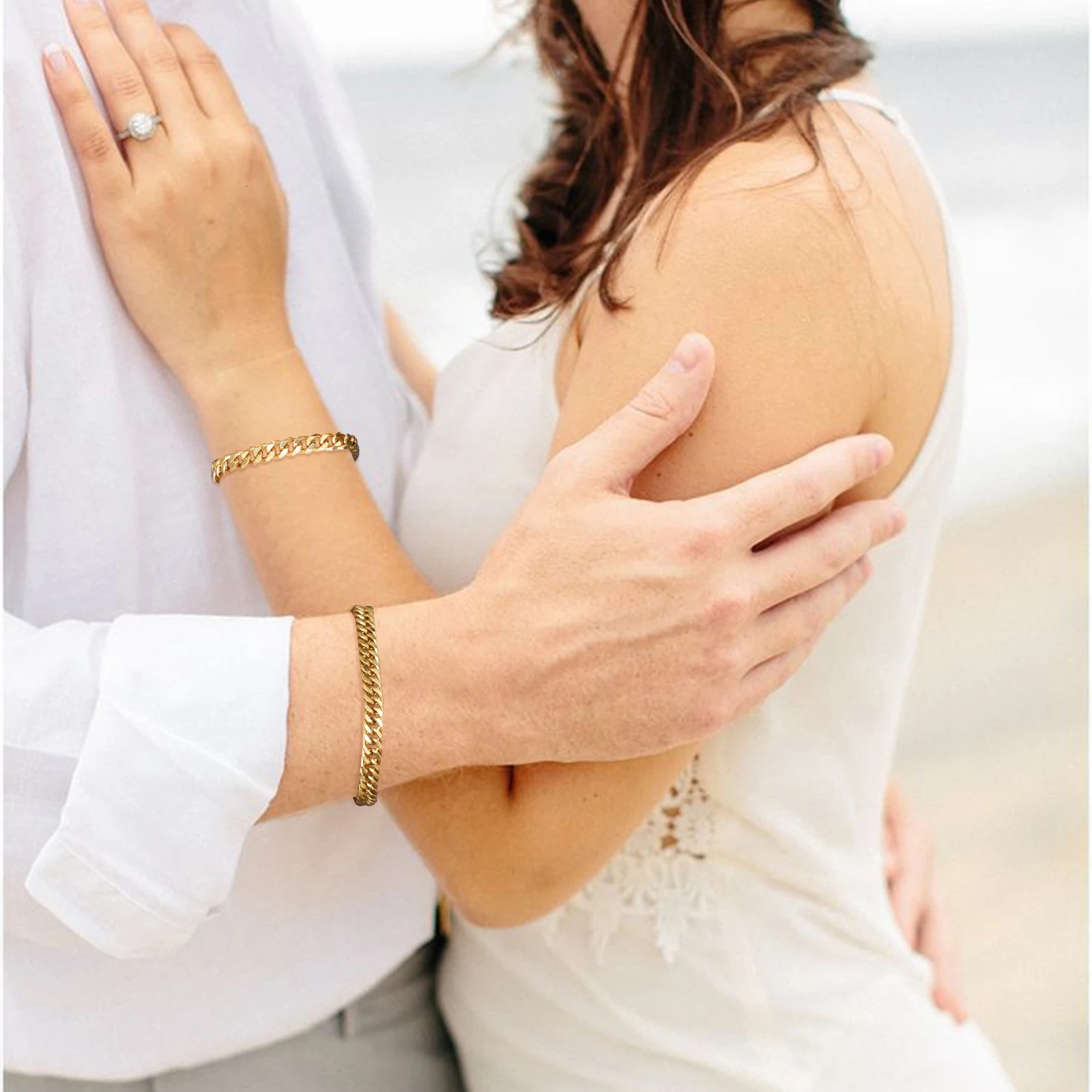 Vnox 2 pieces Cuban Chain Bracelets for Women Men Gold Plated Unisex Stainless Steel Curb Links Wristband Stacked Bracelet 250530