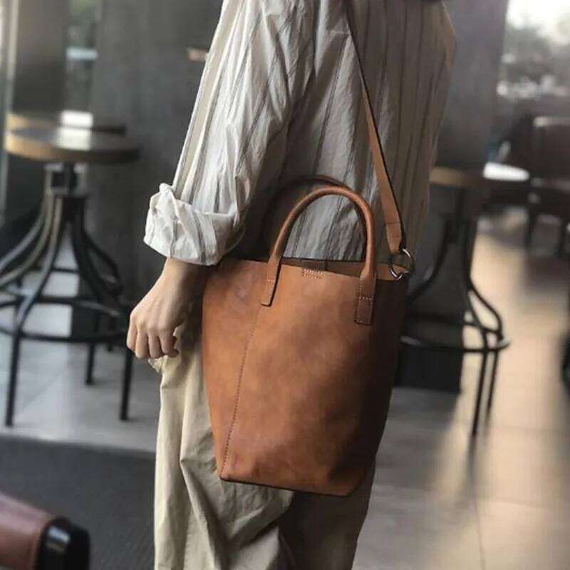 2025 First layer leather female vintage casual bucket Korean version hand bag shoulder crossbody bags cowhide