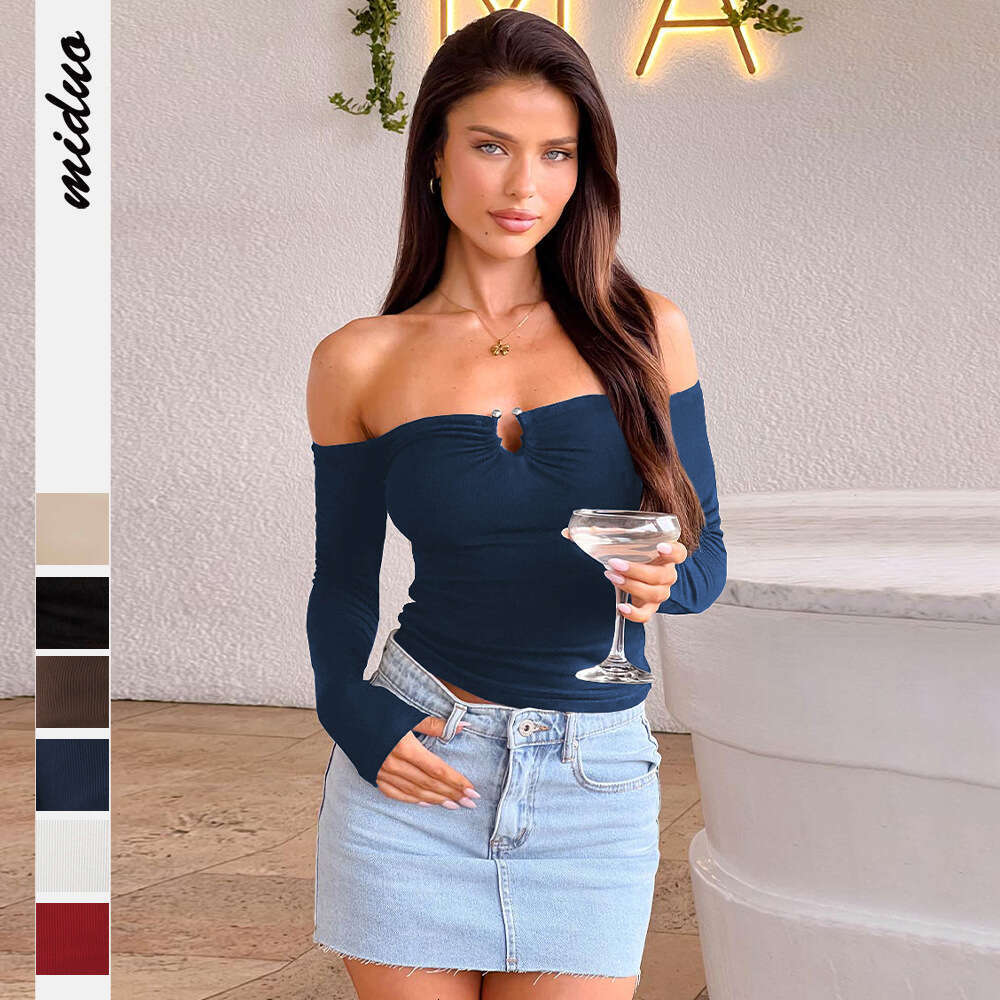 Y2K New Hot Girl Off-Shoulder Metal Buckle Ruched Slim Fit Long Sleeve T-Shirt Top Knitted Ribbed Base Shirt 1062