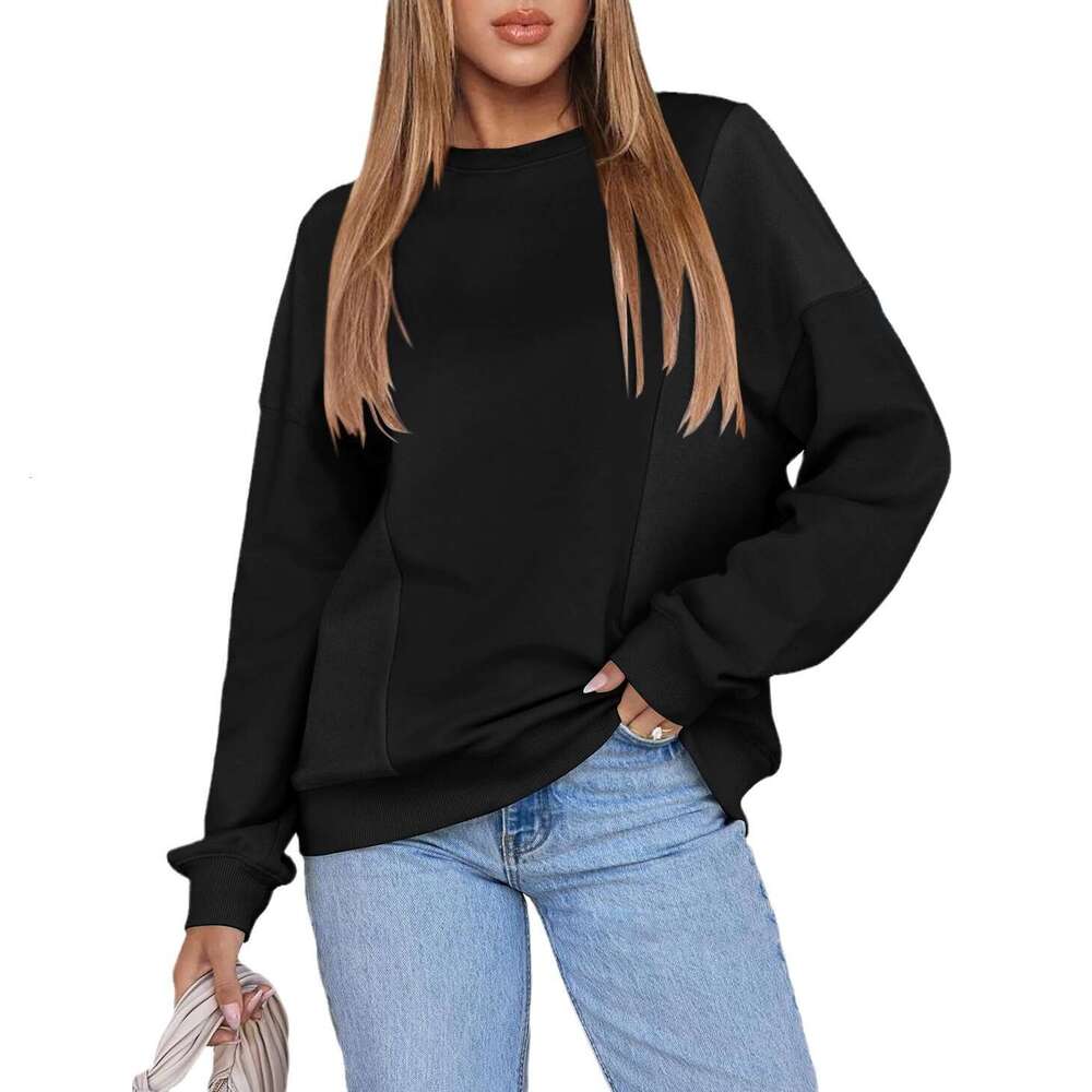 Decorative Line Solid Color Round Neck Loose Trendy Sweatshirt Pullover for Women in Autumn and Winter
