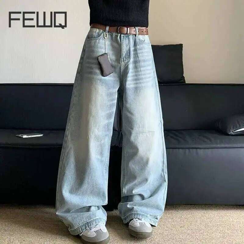 FEWQ American Washed Men's Jeans High Street Loose Straight Wide Leg Pants 2024 Vintage Korea Fashion Male Trousers 24E1565