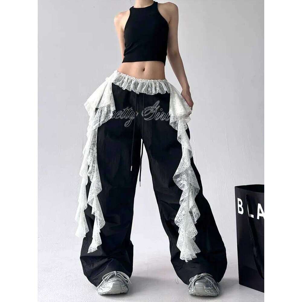 American Retro Black Printed Spice Girls Street Dance Scimitar Women's Loose Design Splicing Summer New Wide Leg Pants