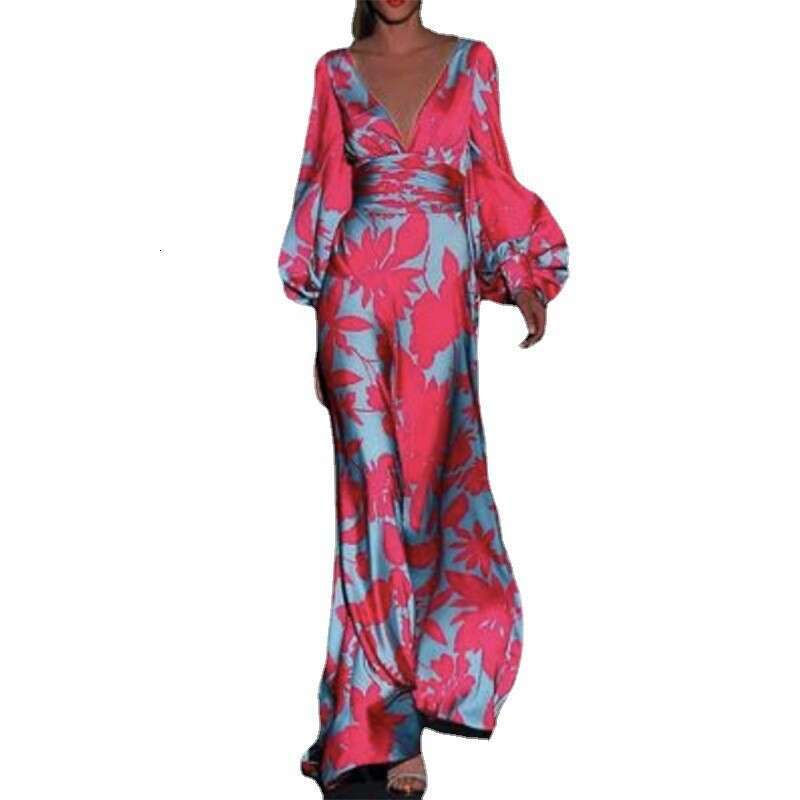 European and American Women's Slim fitting Lantern Sleeve Printed V-neck Long Dress 2025 New Casual Fashion Trendy Clothing