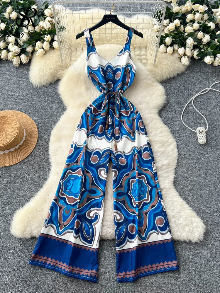 SINGREINY Senior Vintage Long Jumpsuits Female Strap Sleeveless Lace Up Skinny Backless Chic Summer Retro Beach Print Rompers 250530