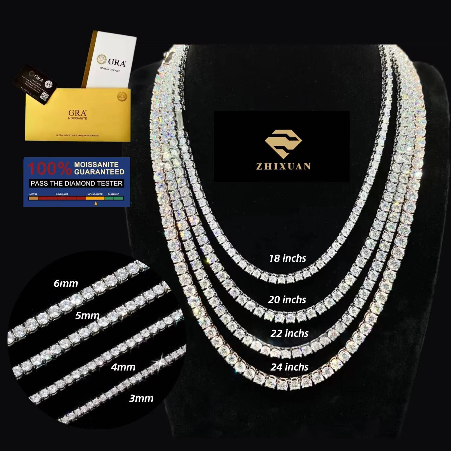 Sterling Sier Cacoxenite Tennis Chain Necklace Hiphop VVS 3mm-6mm Jewelry Bracelet