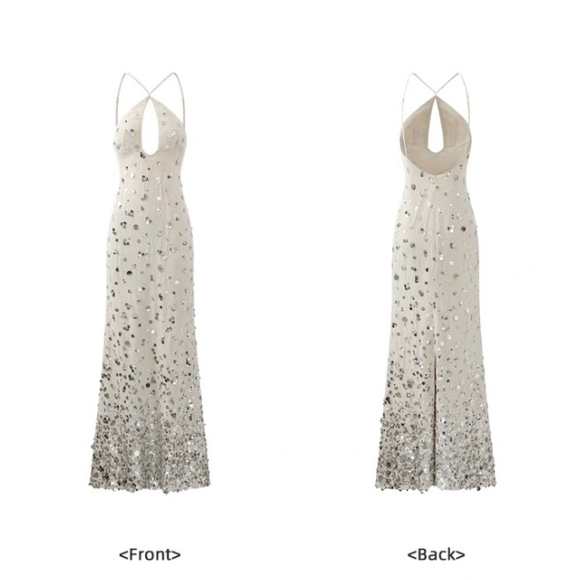 Heavy industry sequined fishtail dress, long linen halter neck dress for seaside vacation