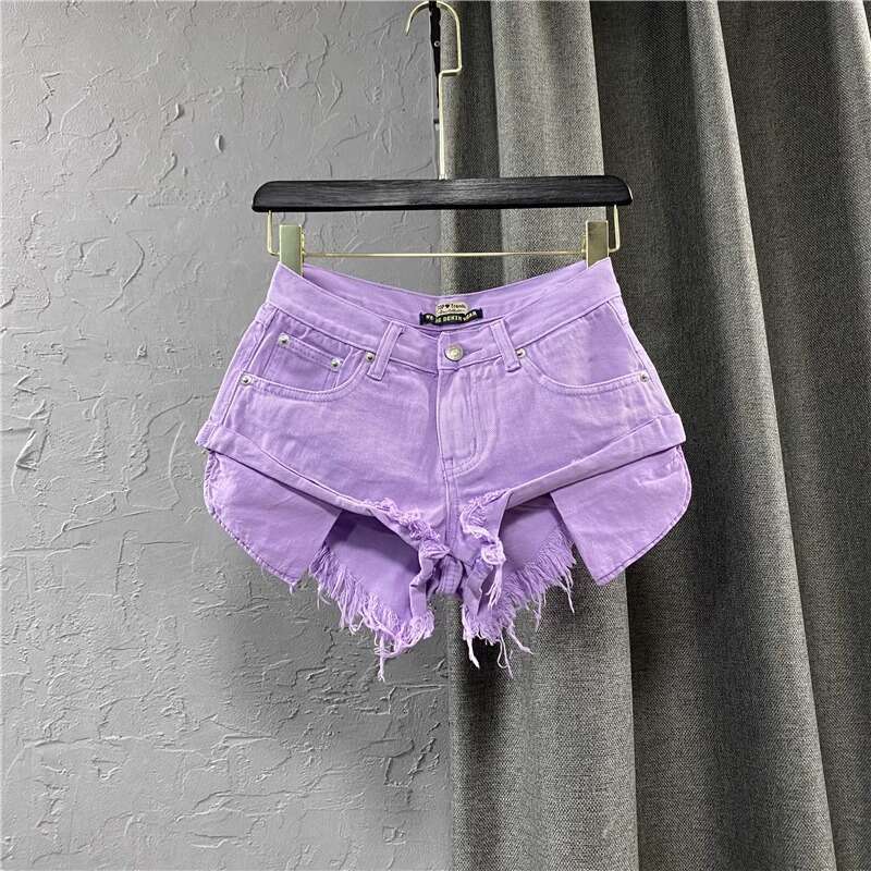 Denim Shorts Jeans Shorts Trendy Low Waist Denim For Women Summer New Fringe Frayed Wide Leg A Line Shorts Purple Ripped Short Jeans