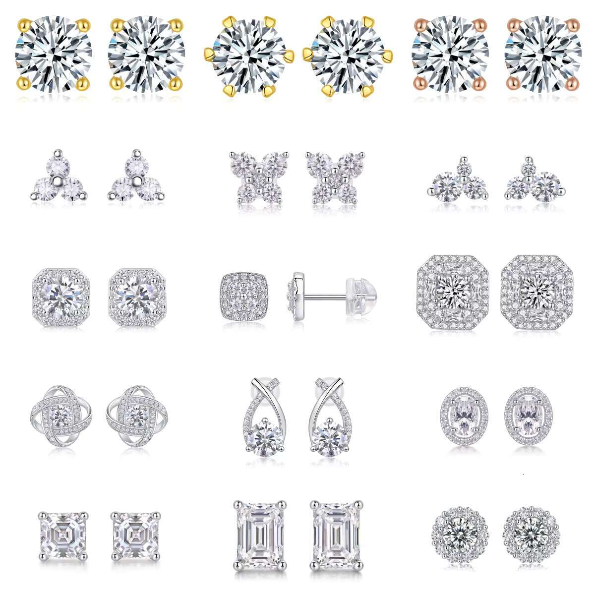 Certified Round Moissanite Stud Earrings Sterling Silver White Gold with Screw Back Pass Diamond Tester Certified