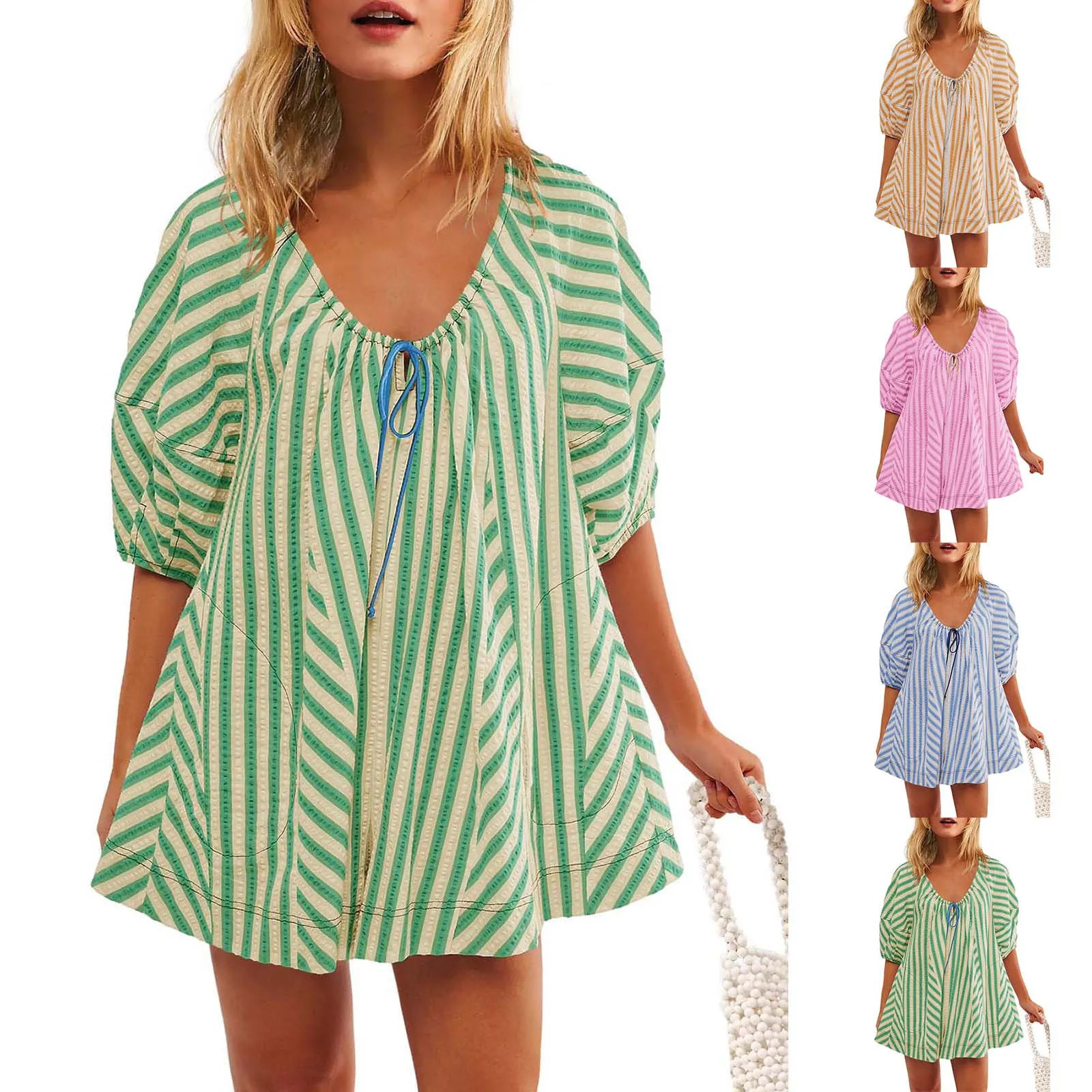 Summer Beach Rompers For Women Casual Loose Striped Puff Short Sleeve Adjustable Neck Wide Leg Oversized Jumpsuit With Pockets 250528