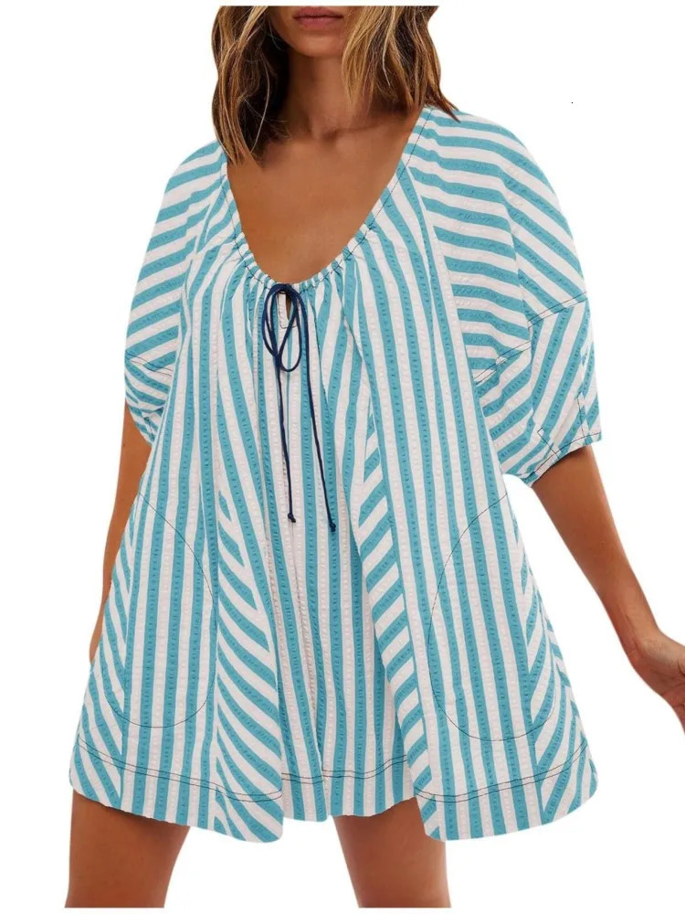 Summer Beach Rompers For Women Casual Loose Striped Puff Short Sleeve Adjustable Neck Wide Leg Shorts Jumpsuit With Pockets 250528