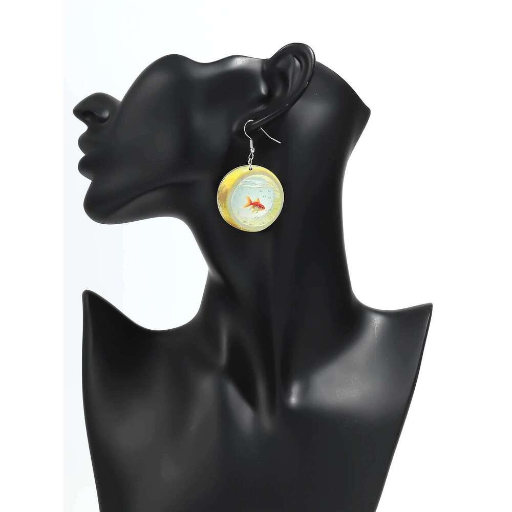 Cute Cartoon Lemon Fish Acrylic Print Drop Earrings For Women New Funny Round Carp Dangle Earring Creative Jewelry Birthday Gift