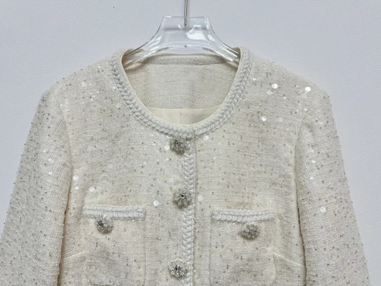 JAMERARY Runway Single Breasted Beaded Diamonds Buttons Sequins Tweed Chiffon Dress Women Two Piece Dresses 250529