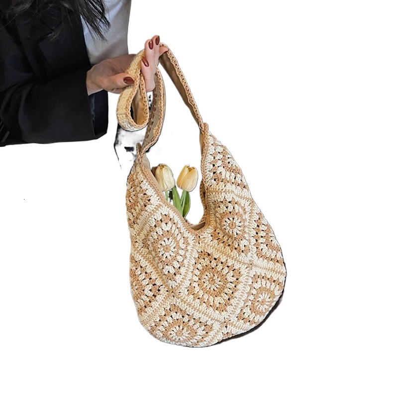 designer Handmade Cotton Yarn Crochet Hollow Sunflower Woven Bag Ethnic Style Large Capacity Tote Bag Straw Shoulder Crossbody Bag